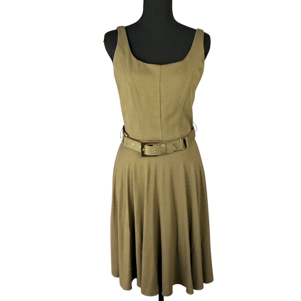 Cache Vintage Y2K Midi Dress Olive Green Belted Corset Seam Fit Flare Small